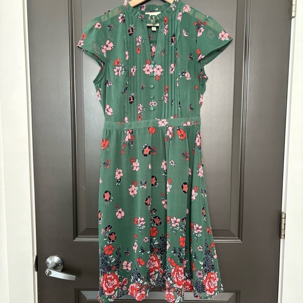 Modcloth « Oh Say Can Museum » Green Butterfly Floral Print A Line Dress Size M - Picture 3 of 13